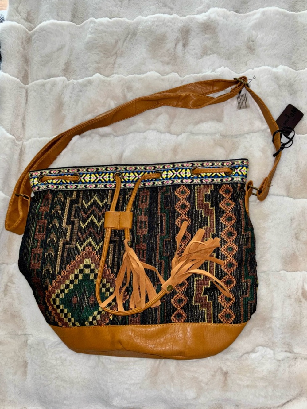 Bohemian Woven Shoulder Bag with Tan Trim